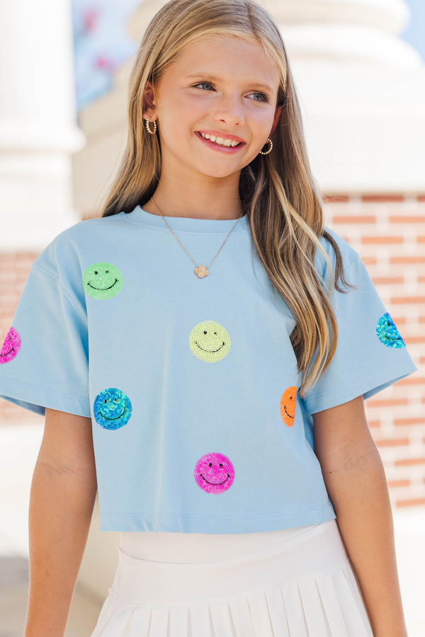 Girls: New School Year Fun Light Blue Smiley Sequin Top