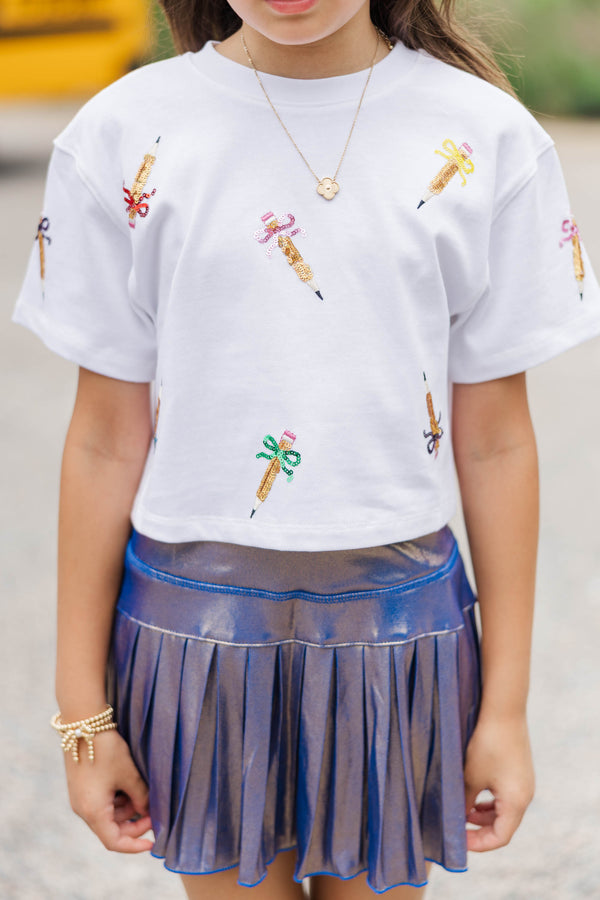 Girls: New School Year Fun White Pencils And Bows Sequin Top