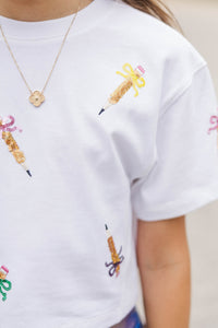 Girls: New School Year Fun White Pencils And Bows Sequin Top