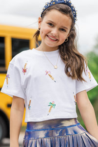 Girls: New School Year Fun White Pencils And Bows Sequin Top
