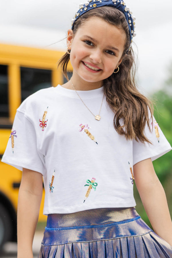 Girls: New School Year Fun White Pencils And Bows Sequin Top