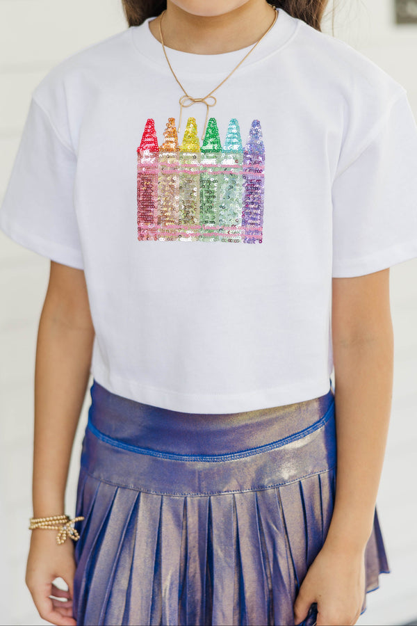 Girls: New School Year Fun White Crayon Sequin Top