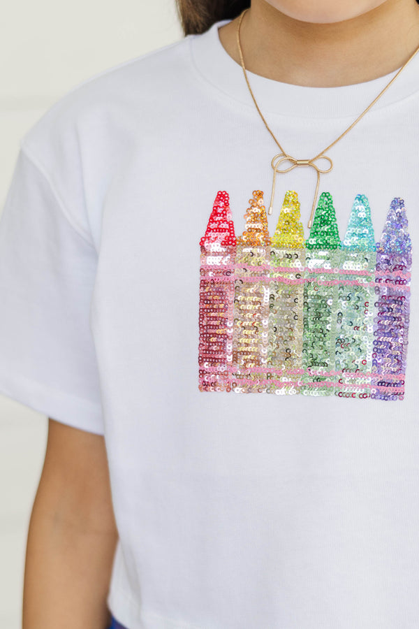 Girls: New School Year Fun White Crayon Sequin Top