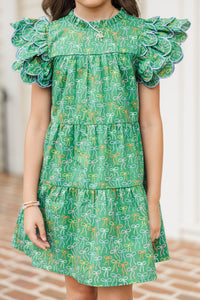 Girls: The Holland Green Bow Print Scalloped Dress