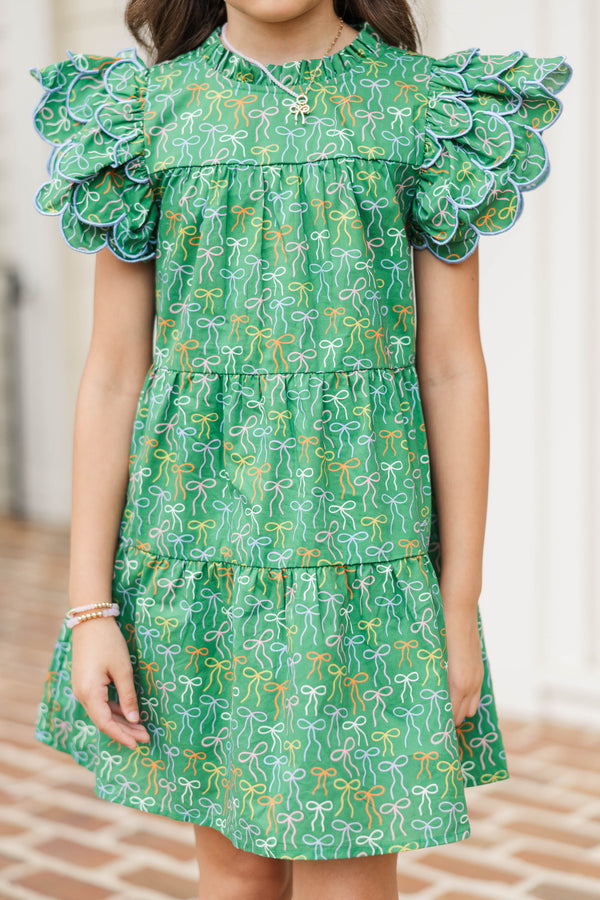 Girls: The Holland Green Bow Print Scalloped Dress