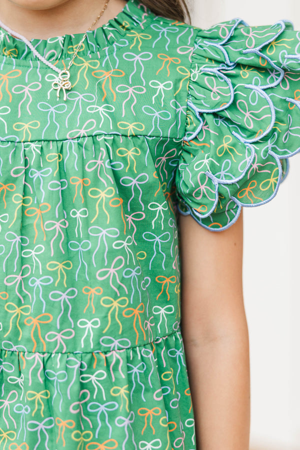 Girls: The Holland Green Bow Print Scalloped Dress