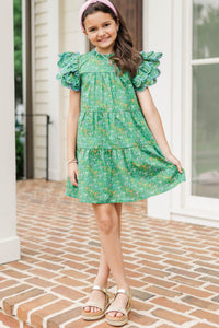 Girls: The Holland Green Bow Print Scalloped Dress