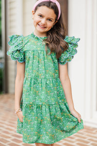 Girls: The Holland Green Bow Print Scalloped Dress