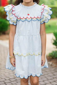 Girls: The Holland Light Blue Multicolor Trim Scalloped Dress