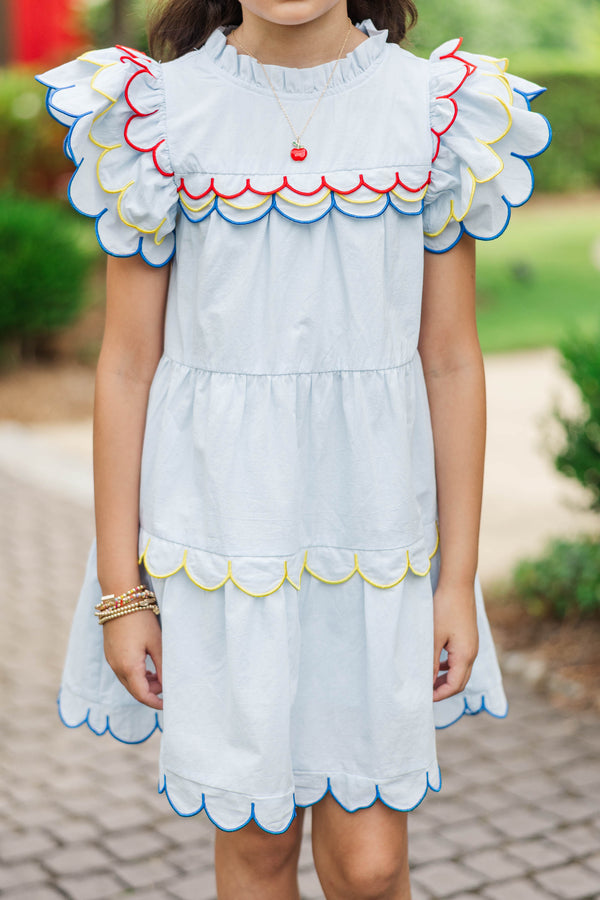 Girls: The Holland Light Blue Multicolor Trim Scalloped Dress
