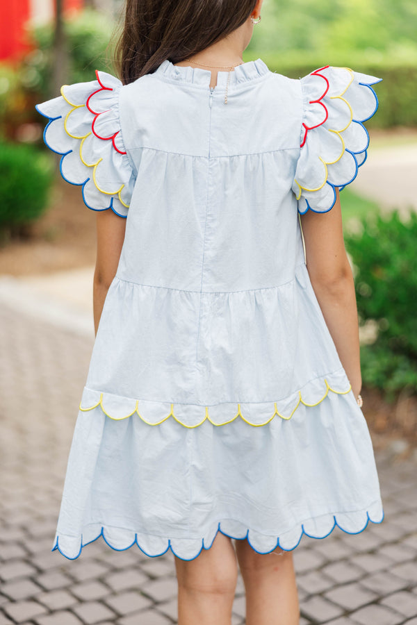 Girls: The Holland Light Blue Multicolor Trim Scalloped Dress