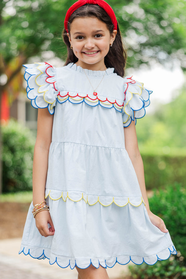Girls: The Holland Light Blue Multicolor Trim Scalloped Dress