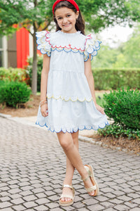 Girls: The Holland Light Blue Multicolor Trim Scalloped Dress