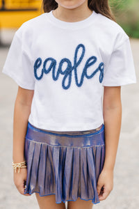 Girls: Here To Win White & Blue Eagles Script Tee