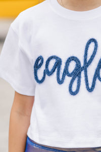 Girls: Here To Win White & Blue Eagles Script Tee