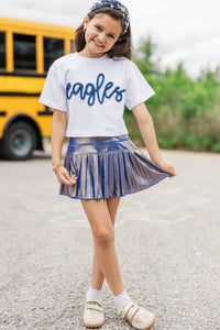 Girls: Here To Win White & Blue Eagles Script Tee