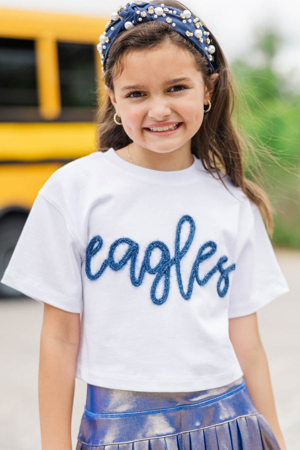 Girls: Here To Win White & Blue Eagles Script Tee
