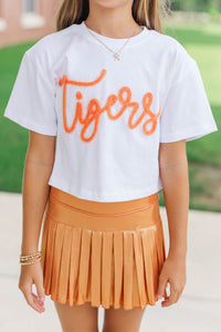 Girls: Here To Win White & Orange Tigers Script Tee
