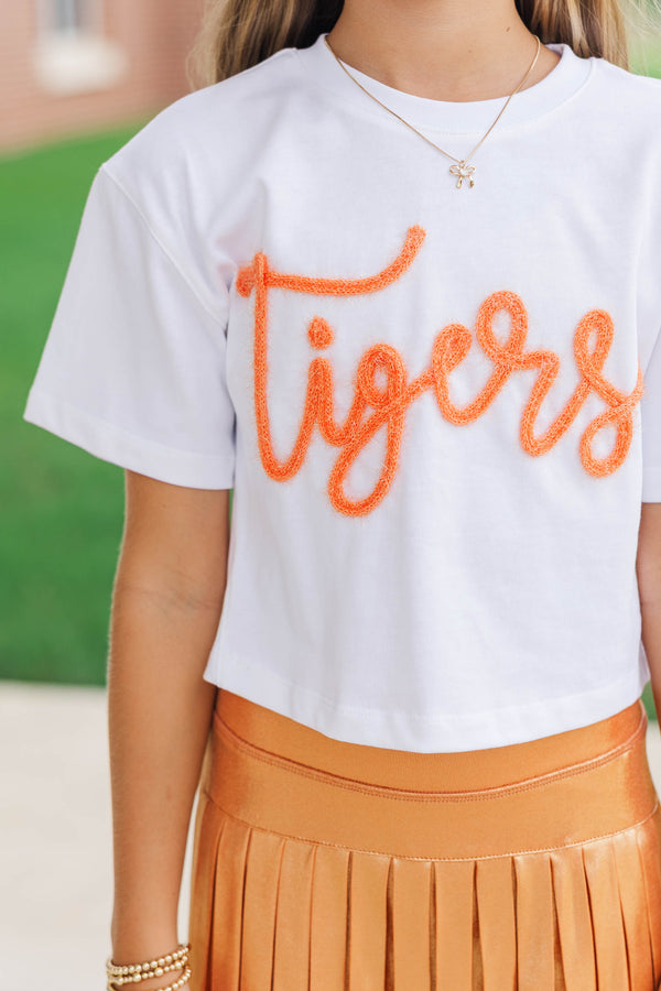 Girls: Here To Win White & Orange Tigers Script Tee