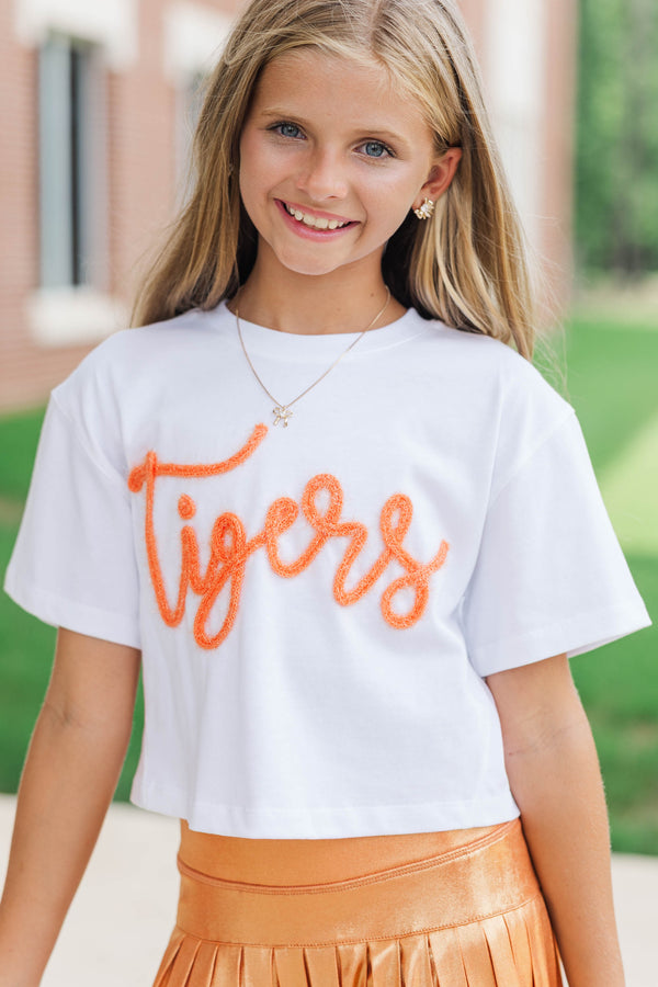 Girls: Here To Win White & Orange Tigers Script Tee