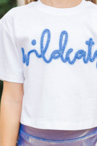 Girls: Here To Win White & Blue Wildcats Script Tee