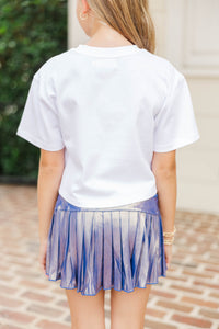Girls: Here To Win White & Blue Wildcats Script Tee