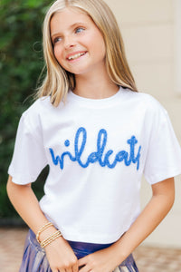 Girls: Here To Win White & Blue Wildcats Script Tee