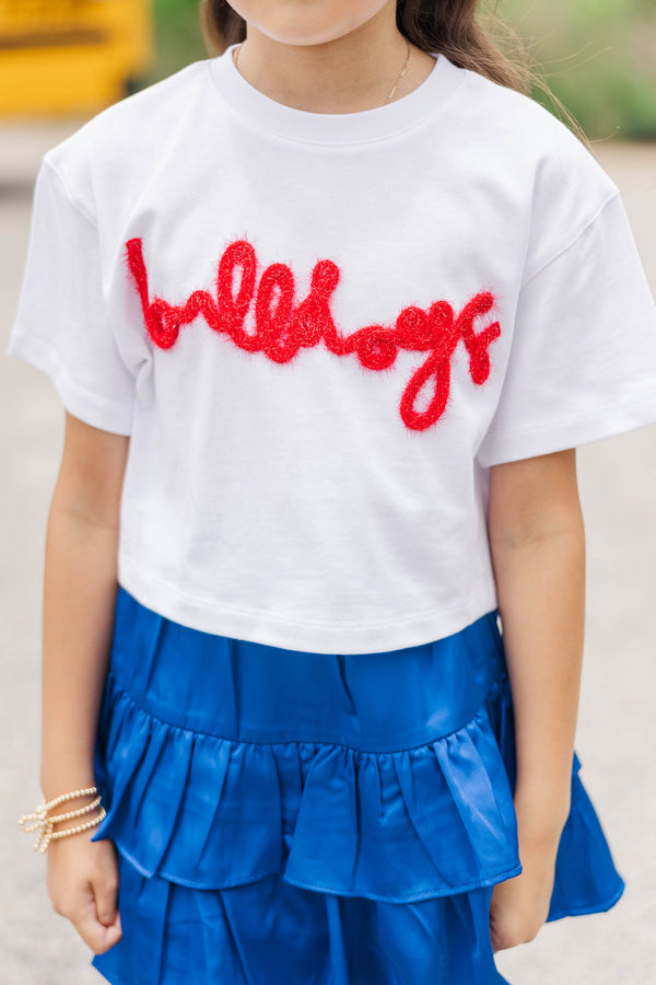 Girls: Here To Win White & Red Bulldogs Script Tee
