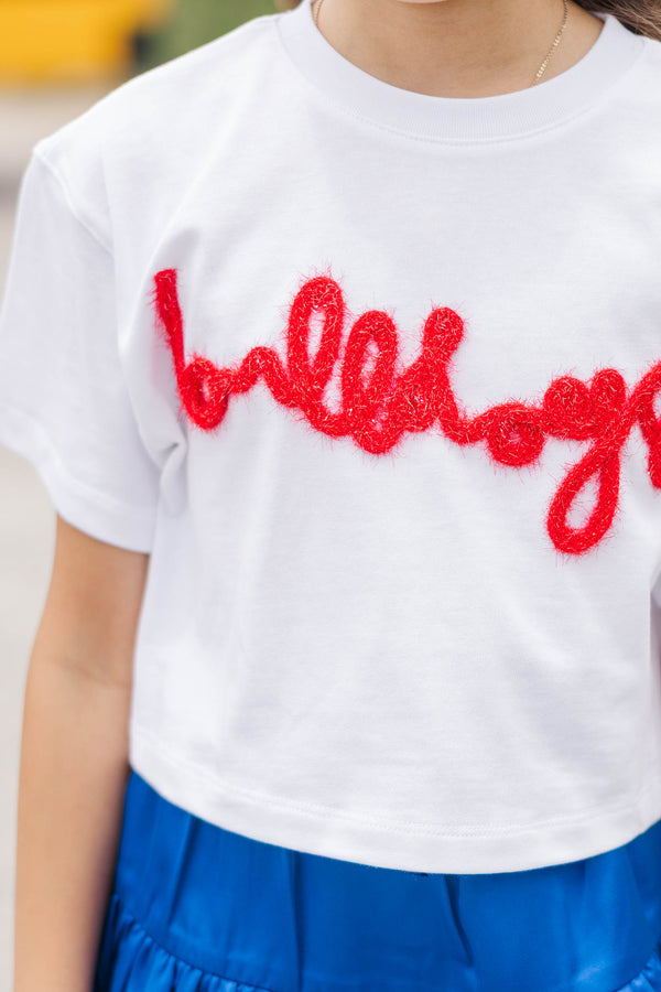 Girls: Here To Win White & Red Bulldogs Script Tee