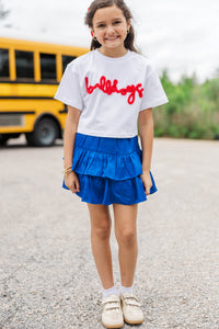 Girls: Here To Win White & Red Bulldogs Script Tee
