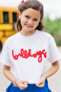 Girls: Here To Win White & Red Bulldogs Script Tee