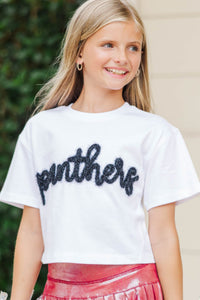 Girls: Here To Win White & Black Panthers Script Tee