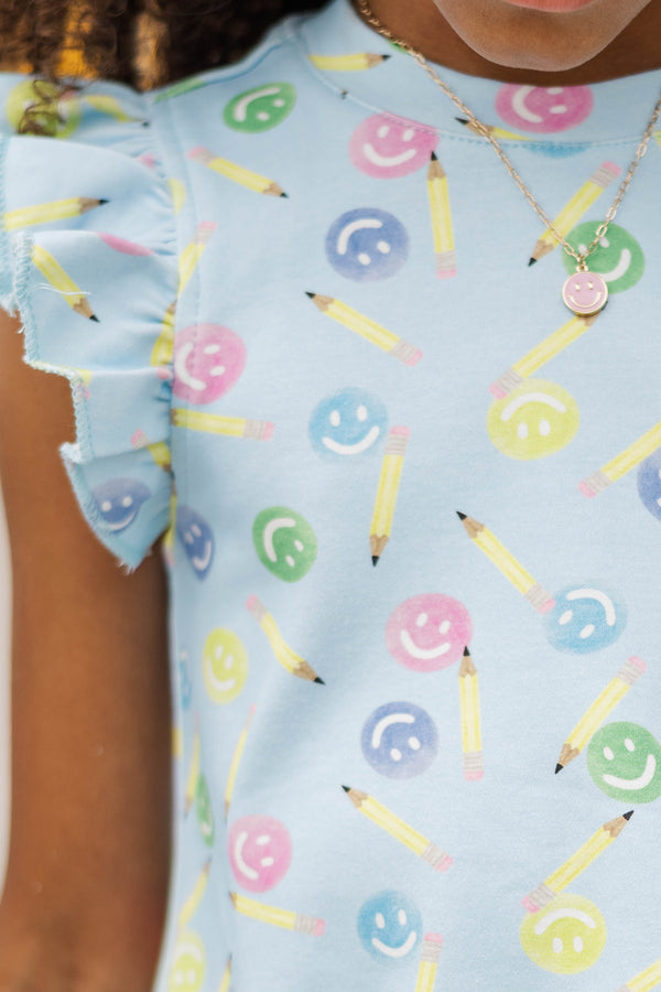 Girls: Through The Days Light Blue Smiles And Pencils Print Pima Cotton Top