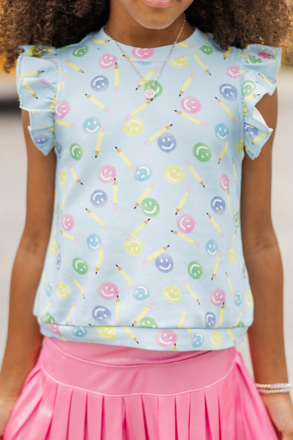 Girls: Through The Days Light Blue Smiles And Pencils Print Pima Cotton Top