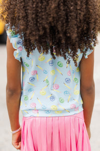 Girls: Through The Days Light Blue Smiles And Pencils Print Pima Cotton Top