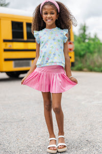 Girls: Through The Days Light Blue Smiles And Pencils Print Pima Cotton Top