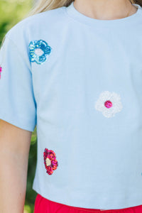 Girls: New School Year Fun Light Blue Flowers Sequin Top