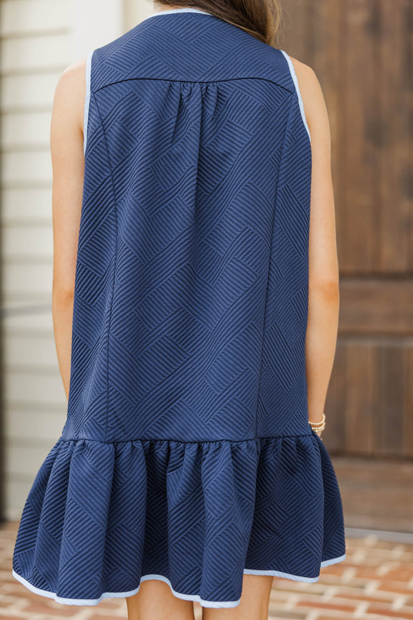 Girls: The Rosalie Navy/Light Blue Trim Textured Dress