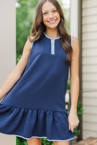 Girls: The Rosalie Navy/Light Blue Trim Textured Dress