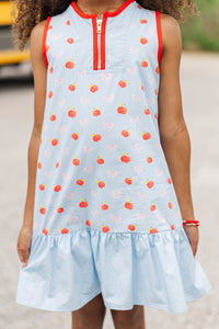 Girls: The Rosalie Light Blue Bows And Apples Print Dress