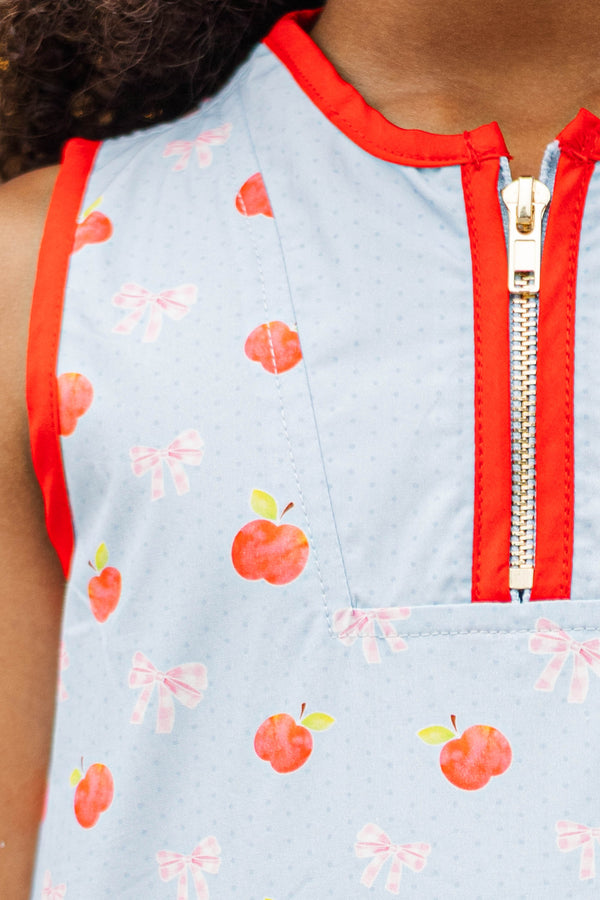 Girls: The Rosalie Light Blue Bows And Apples Print Dress