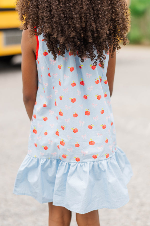 Girls: The Rosalie Light Blue Bows And Apples Print Dress