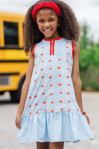 Girls: The Rosalie Light Blue Bows And Apples Print Dress