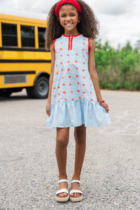 Girls: The Rosalie Light Blue Bows And Apples Print Dress