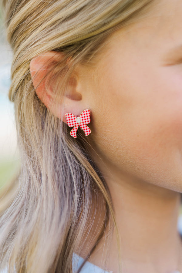 Girls: Something Fun Red Gingham Bow Earrings