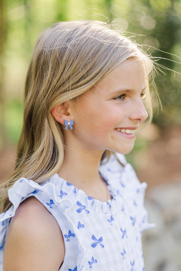 Girls: Something Fun Blue Gingham Bow Earrings