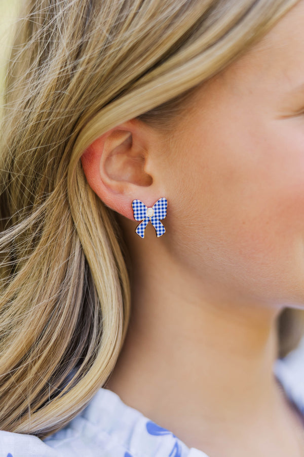 Girls: Something Fun Blue Gingham Bow Earrings