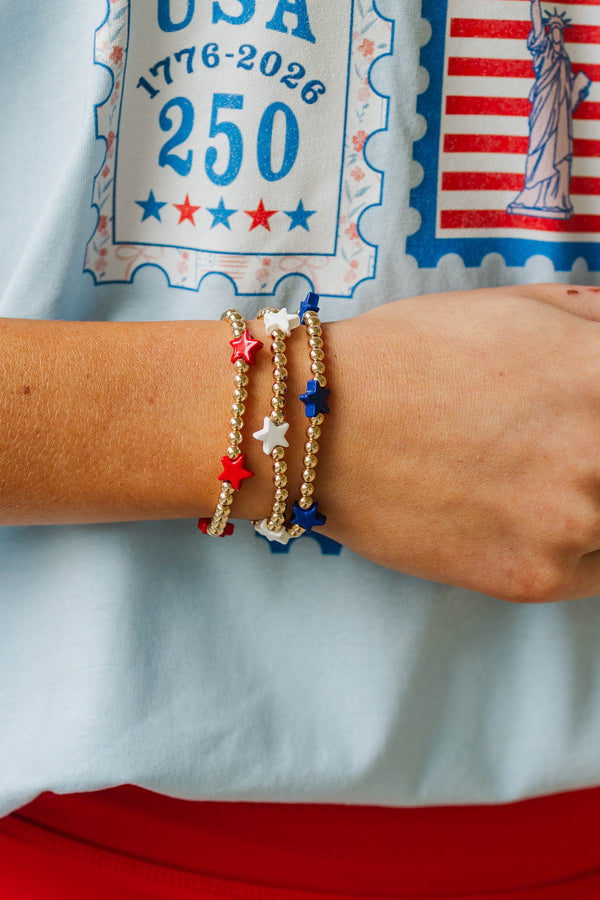 Girls: Bright Night Red, White, And Blue Star Beaded Bracelet