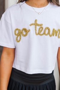 Girls: Here To Win White & Gold Go Team Script Tee