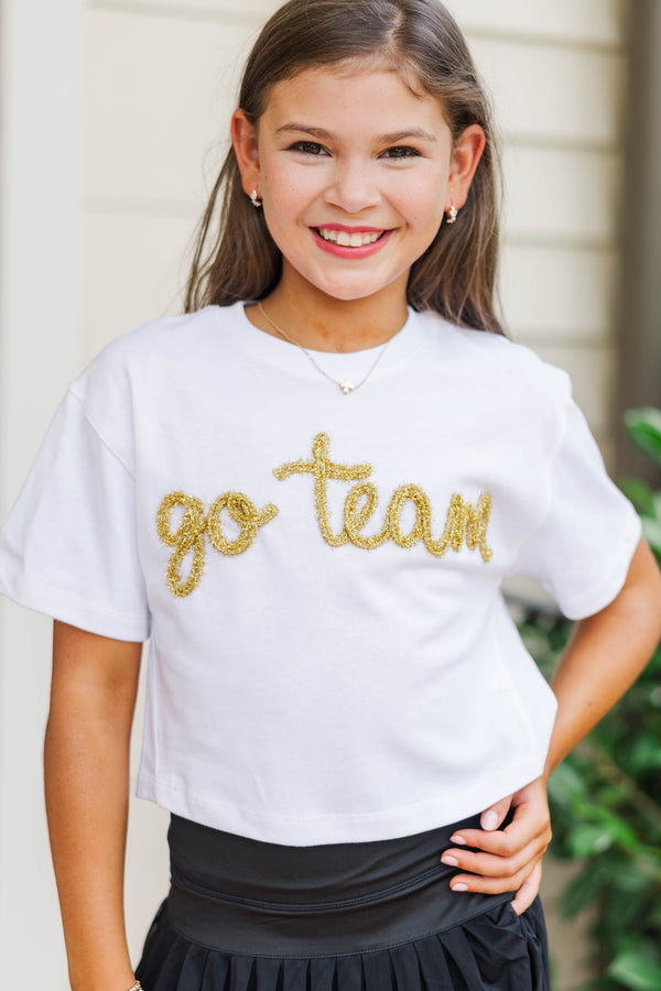 Girls: Here To Win White & Gold Go Team Script Tee